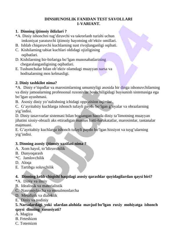 Dinshunoslik fanidan test savollari 1-variant
