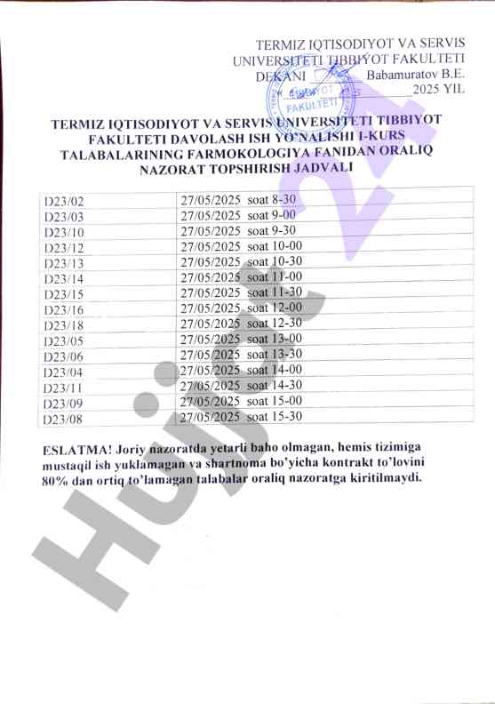Farmakologiya fanidan oraliq nazorat jadvali