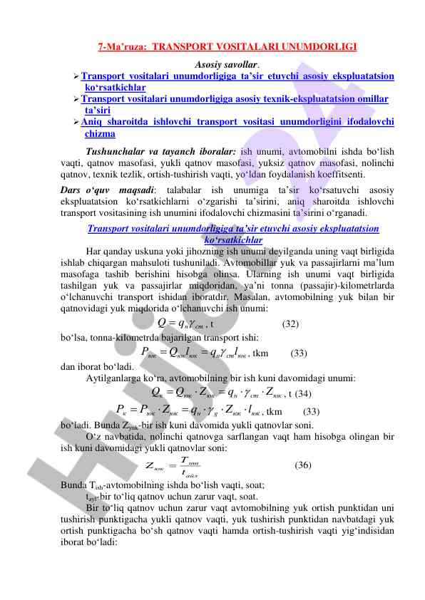 Transport vositalari unumdorligi tarzi va ko‘rsatkichlari