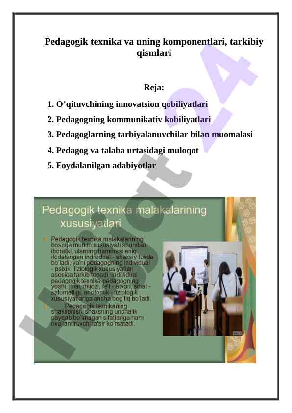Pedagogik texnika va komponentlari tushunchalari