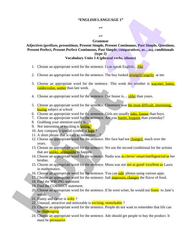Grammar adjectives and vocabulary exercises