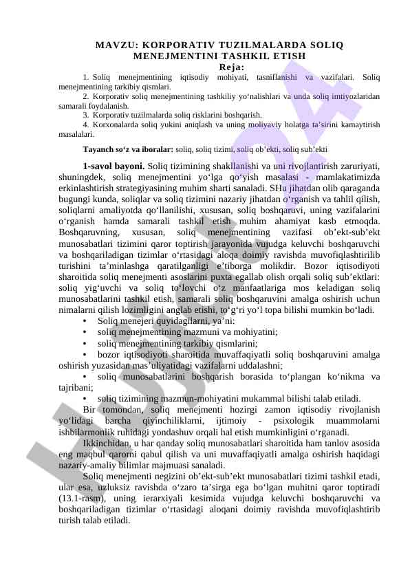Korporativ tuzilmalarda soliq menejmentini tashkil etish