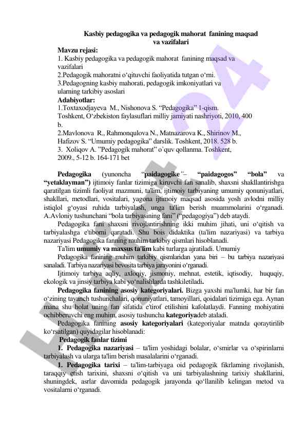 Kasbiy pedagogika va pedagogik mahoratning asoslari