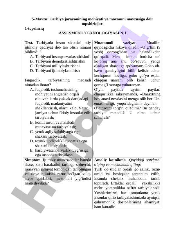 Tarbiya jarayonining mohiyati va mazmuni mavzusidagi topshiriqlar