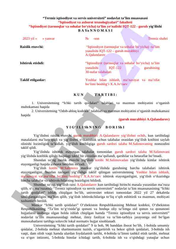 Iqtisodiyot ta’alim yo'nalishi yig'ilishi 2023