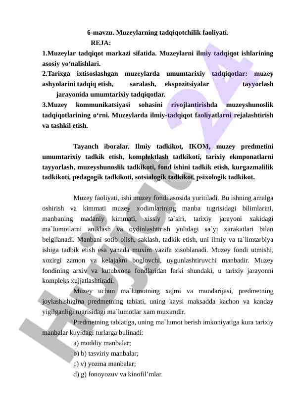 Muzeylarning tadqiqotchilik faoliyati bo‘yicha tahlil