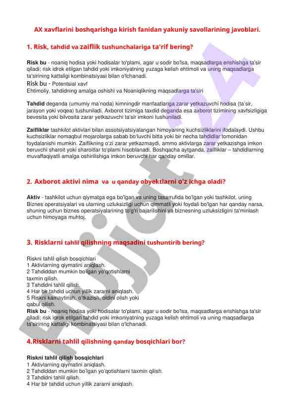 Risk tushunchalari va zaifliklarni boshqarish testlari