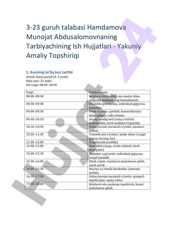 Tarbiyachining ish hujjatlari yakuniy amaliy topshiriqi