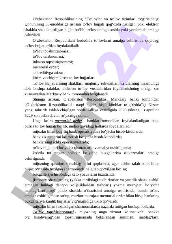 O‘zbekiston respublikasida to‘lov hujjatlari tizimi