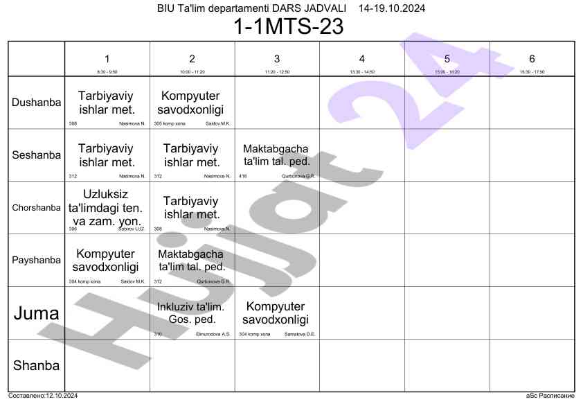 Dars jadvali: tarbiyaviy ishlar va kompyuter savodxonligi