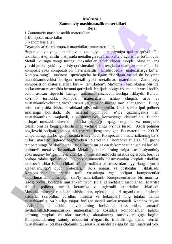 Zamonaviy mashinasozlik materiallari tahlili