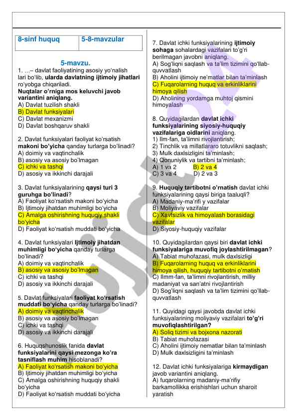 8-sinf huquq mavzulari test savollari