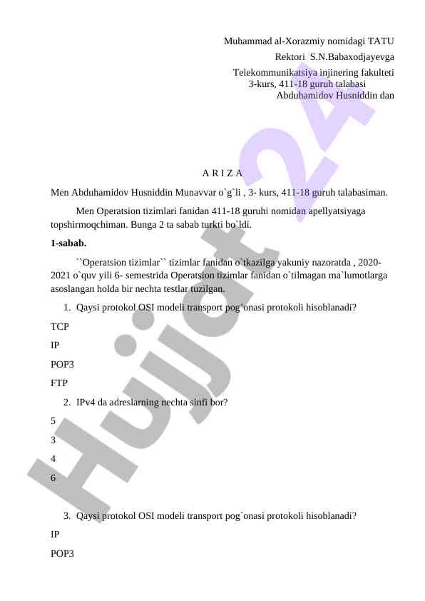 Operatsion tizimlari fanidan apellyatsiya topsirishi