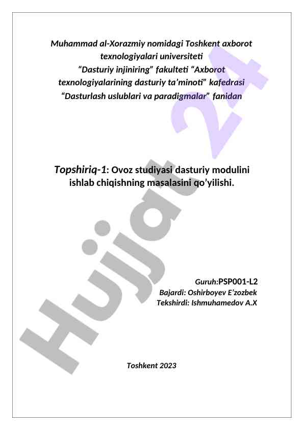 Ovoz studiyasi dasturiy modulini ishlab chiqish