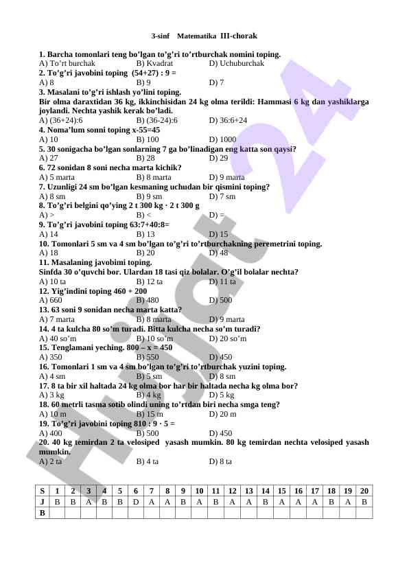 Matematika testlari 3-sinf iii-chorak