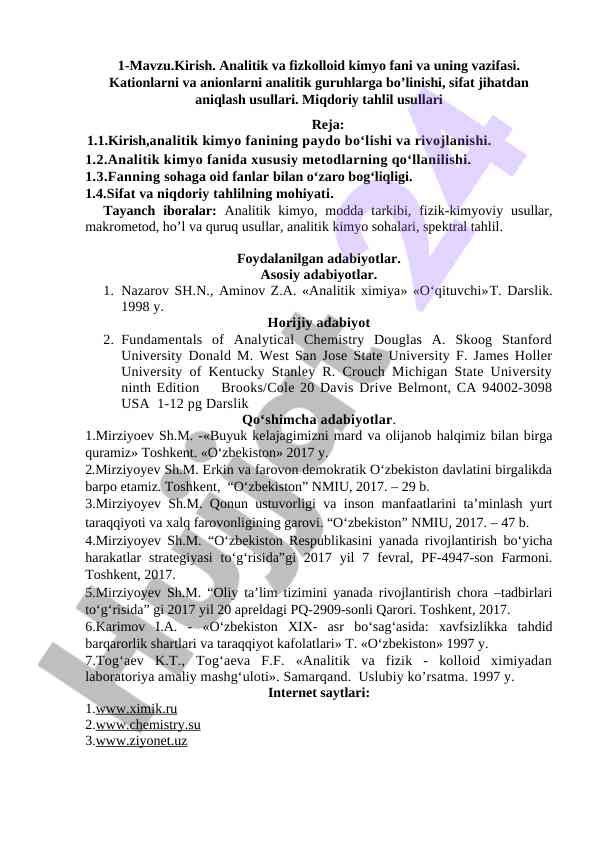 Analitik va fizkolloid kimyo fanining asosiy metodlari