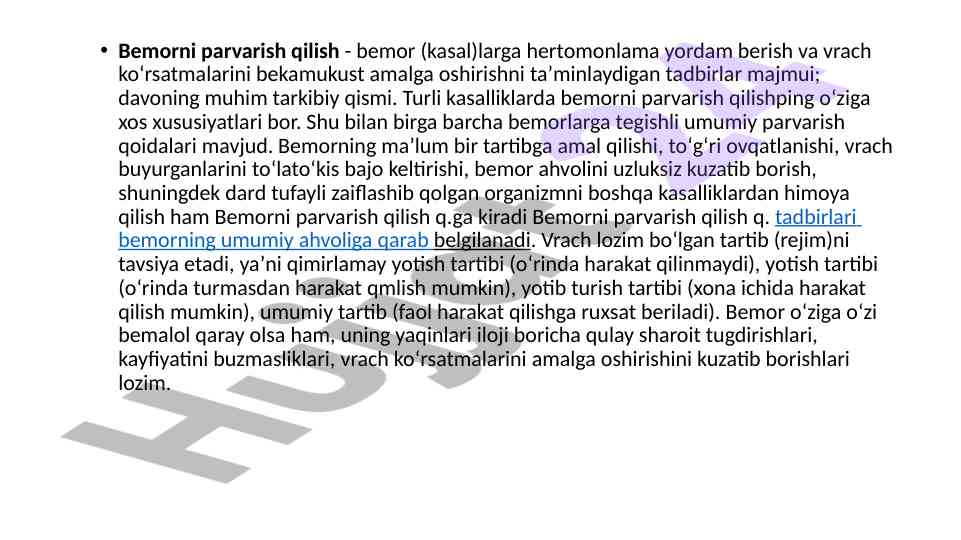 Bemorni parvarish qilish: umumiy qoidalar va tavsiyalar