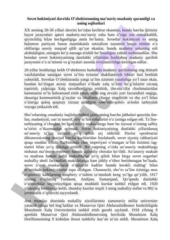 O'zbekistonda sovet ta'lim tizimining tarixi