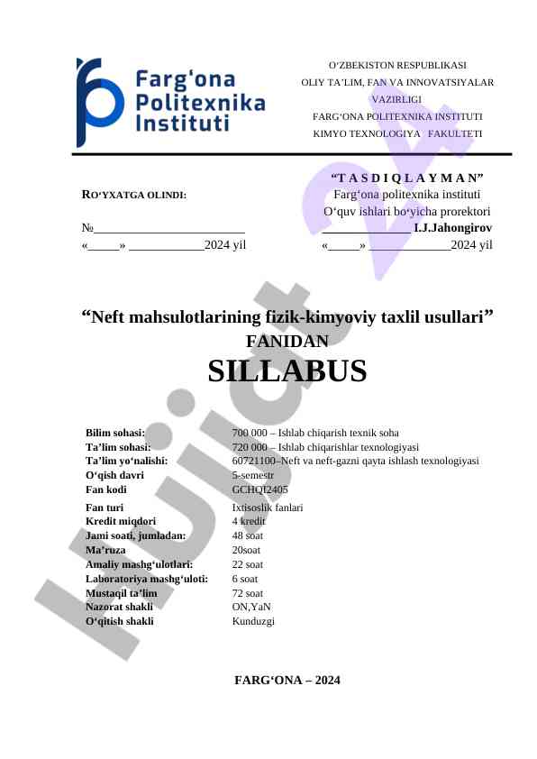 Neft mahsulotlarining fizik-kimyoviy taxlil usullari sillabusi