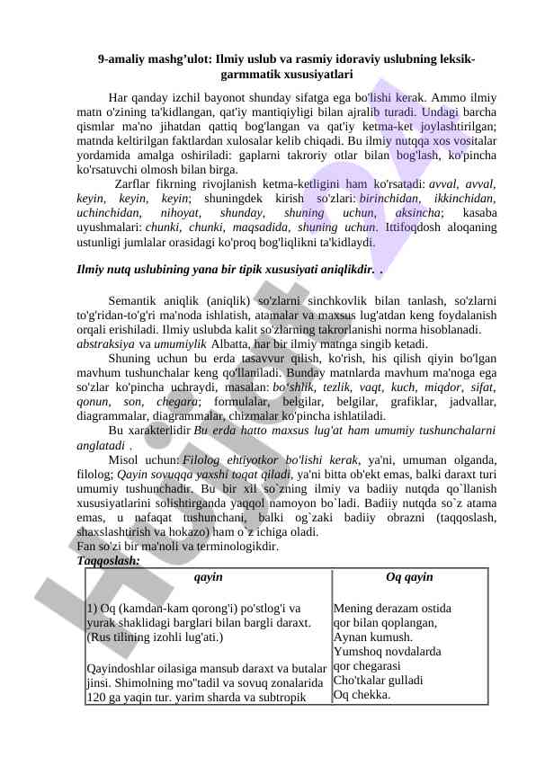 Ilmiy uslub va rasmiy idoraviy uslubning xususiyatlari
