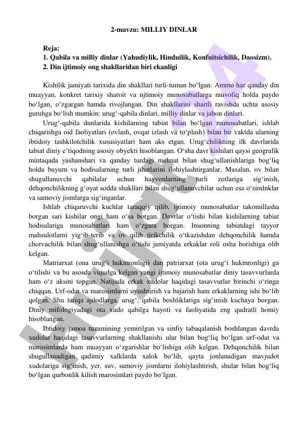 Milliy dinlar tahlili va ularning ijtimoiy ahammiyati