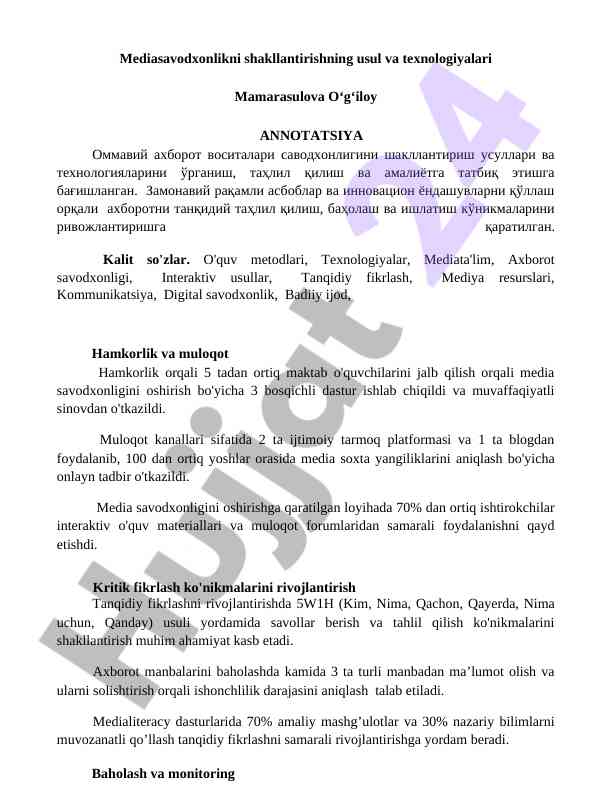 Mediasavodxonlikni shakllantirish usullari va texnologiyalari