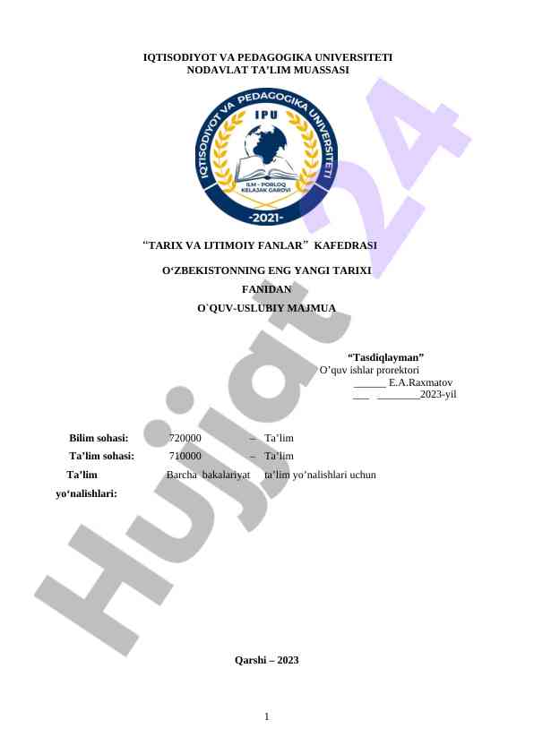 Eng yangi tarix fanidan o‘quv-uslubiy majmua