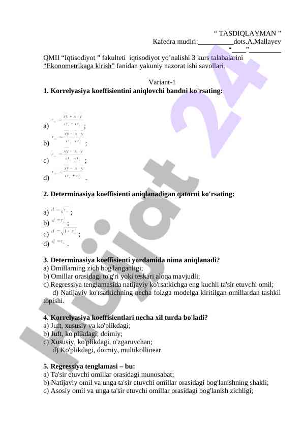Ekonometrikaga Kirish Fanidan Yakuniy Nazorat