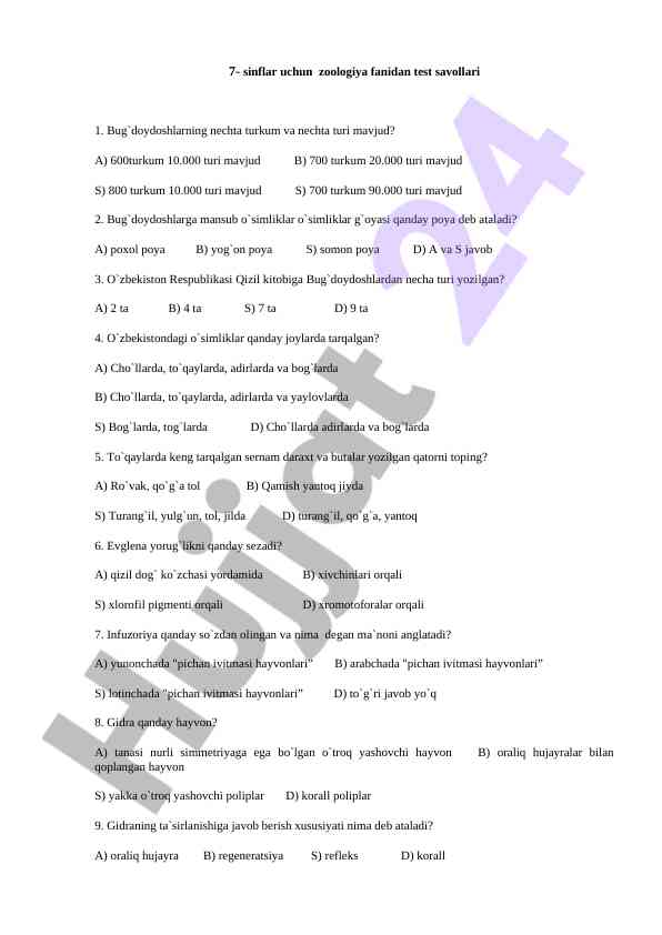 Zoologiya fanidan 7-sinf test savollari