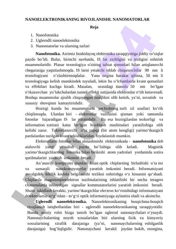 Nanofotonika va nanoelektronikaning rivojlanishi