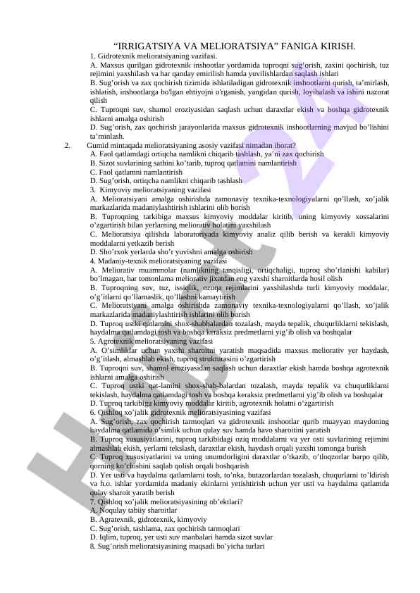 Irrigatsiya va melioratsiya faniga kirish