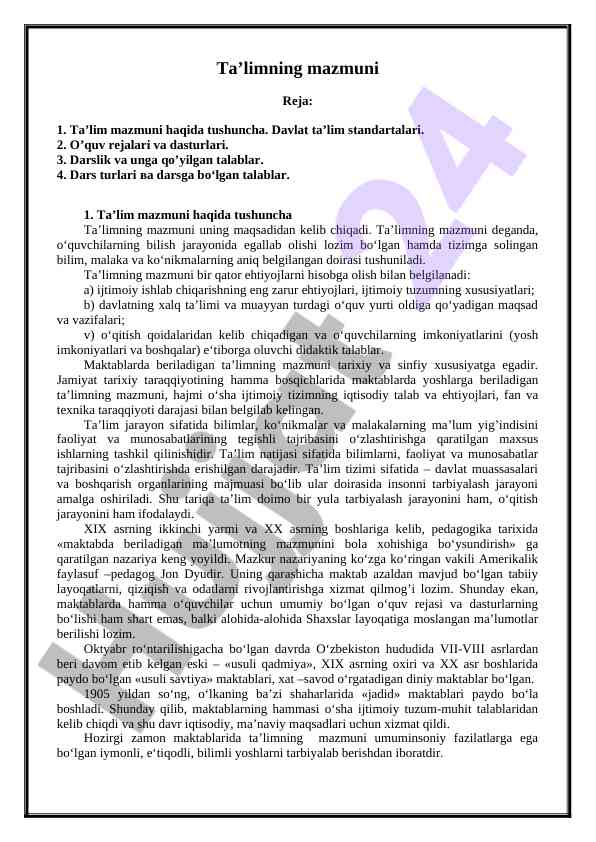 Ta’limning mazmuni va davlat standartlari