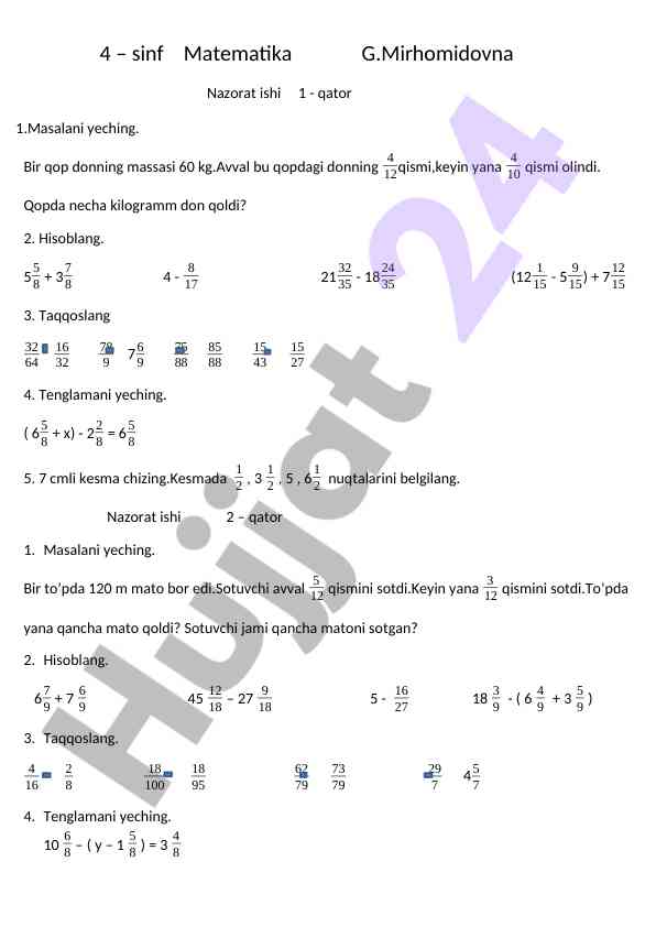 Matematika nazorat ishlari 4-sinf masalalari