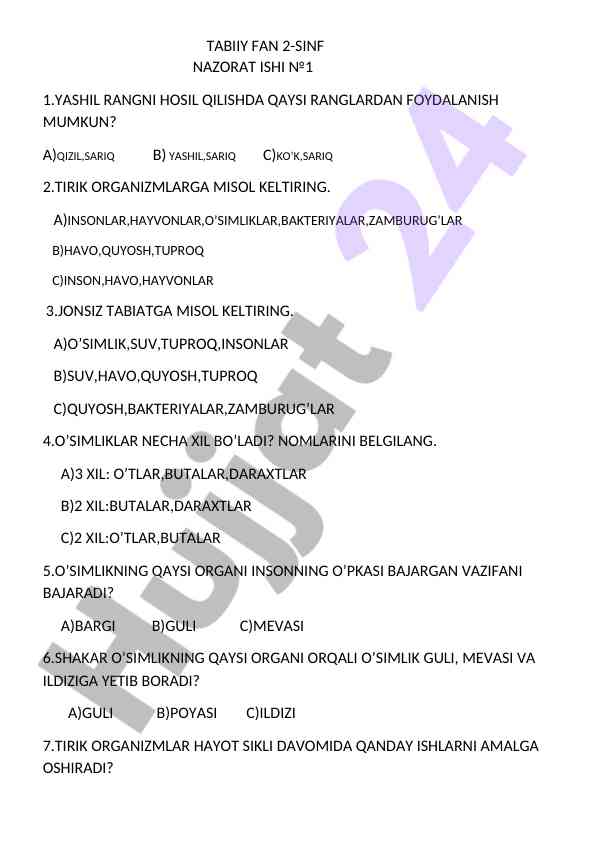 O’simliklar haqida nazorat ishining savollari