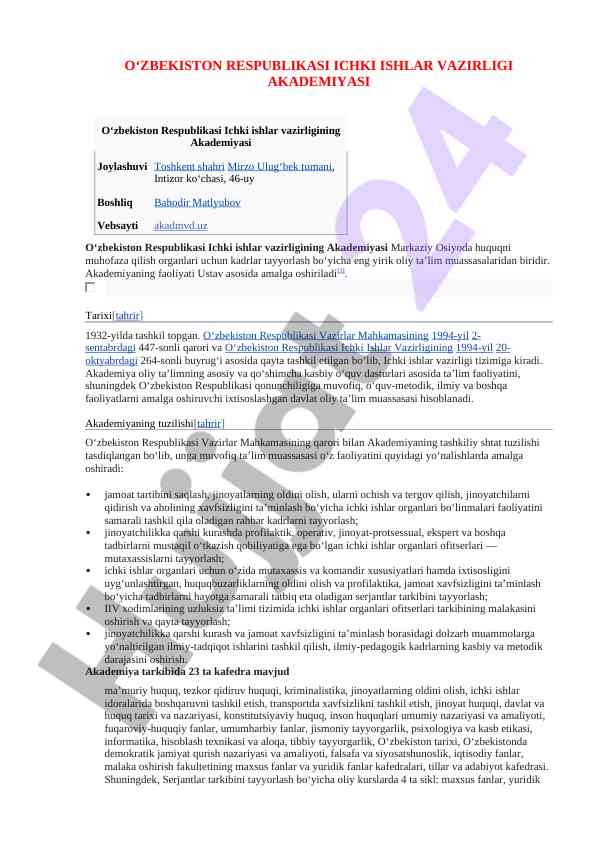 O‘zbekiston respublikasi ichki ishlar akademiyasi ta'lim
