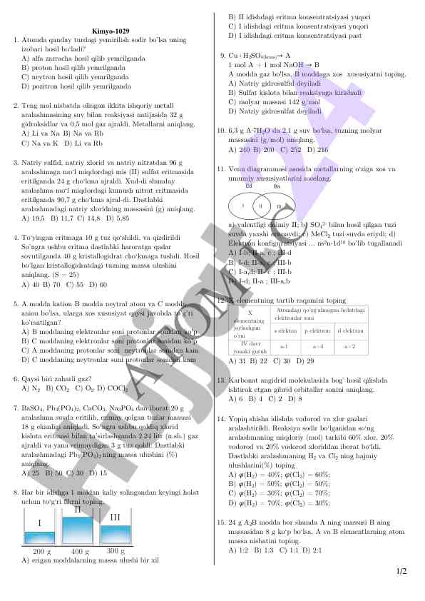 Kimyo test savollari va yechimlari