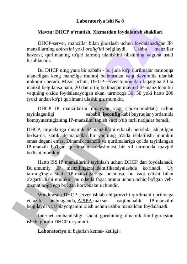 Dhcp o'rnatish laboratoriya ishlari