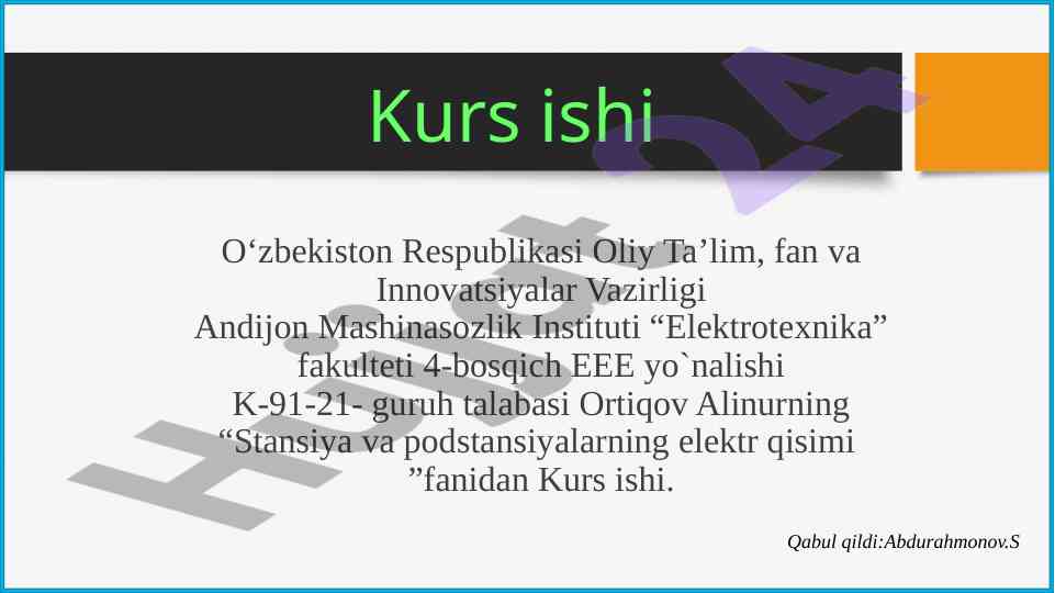 110kv podstansiyalarning elektr sxemasini loyihalash
