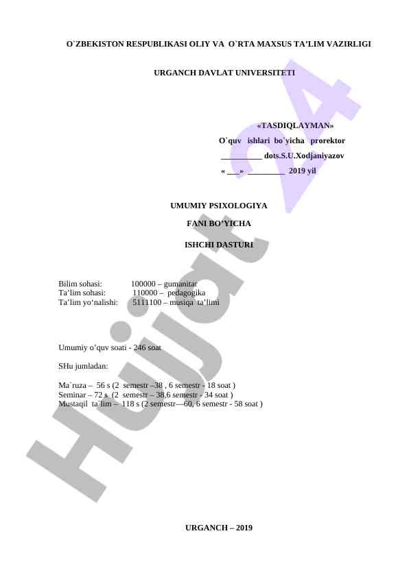 Umumiy psixologiya faniga o`quv dasturi
