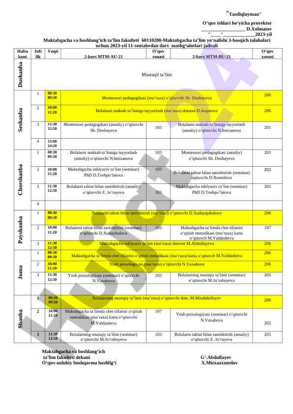 Maktabgacha ta'lim yo'nalishi dars jadvali 2023