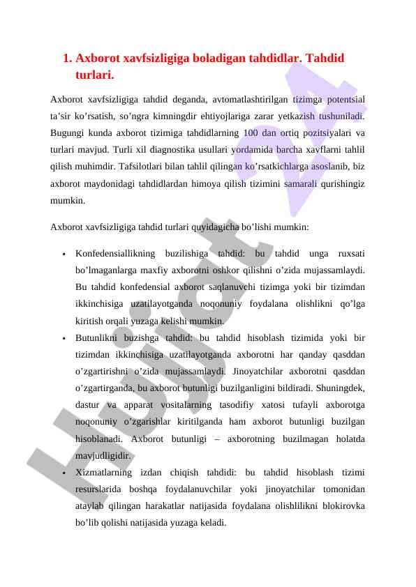Axborot xavfsizligiga boladigan tahdidlar turlari