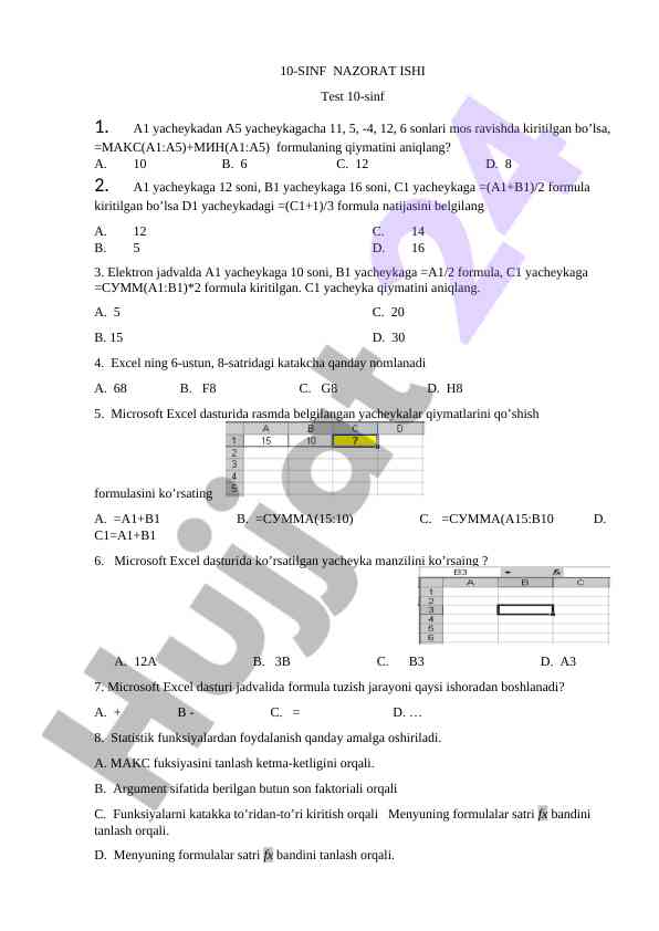 Excel dasturida test savollari va formulalar