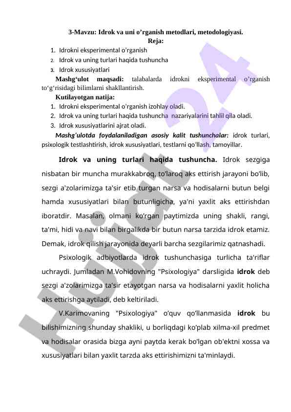 Idrok va o’rganish metodlari tahlili