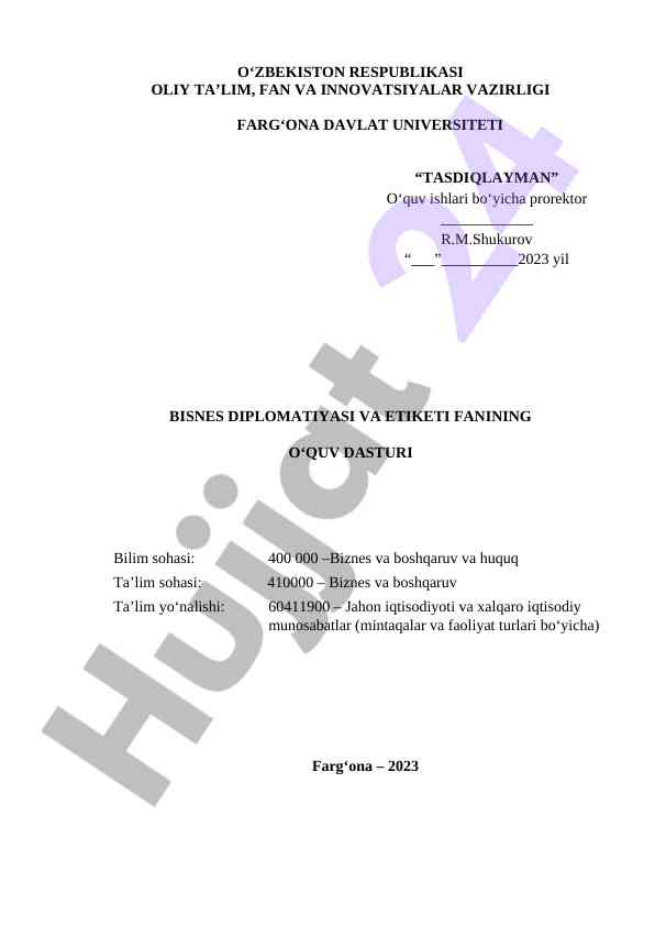 Biznes diplomatiyasi va etiketi o‘quv dasturi
