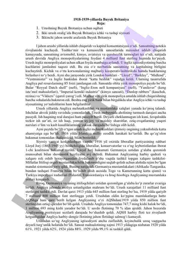 Buyuk britaniya siyosati va iqtisodiyoti 1918-1939