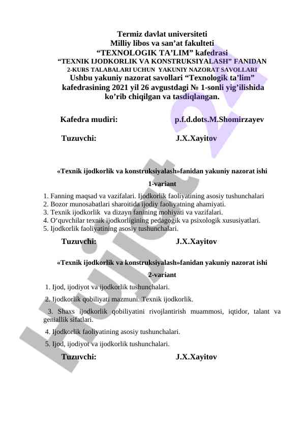 Texnik ijodkorlik va konstruksiyalash kursi savollari