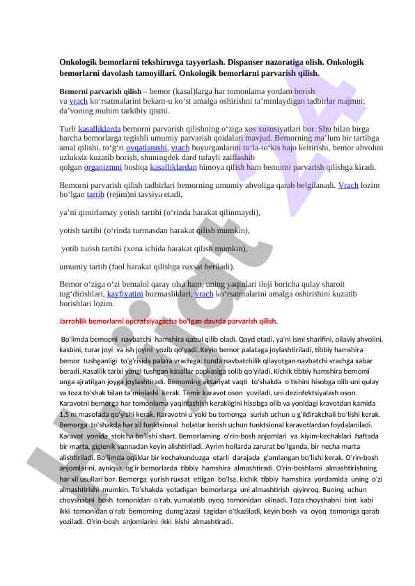 Onkologik bemorlarni parvarish qilish tamoyillari