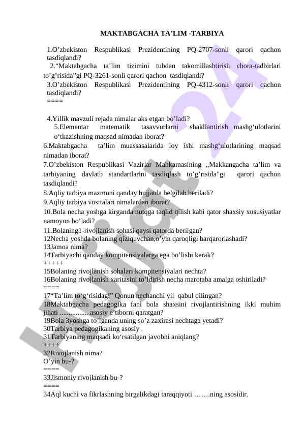 Maktabgacha ta’lim tizimining takomillashtirilishi