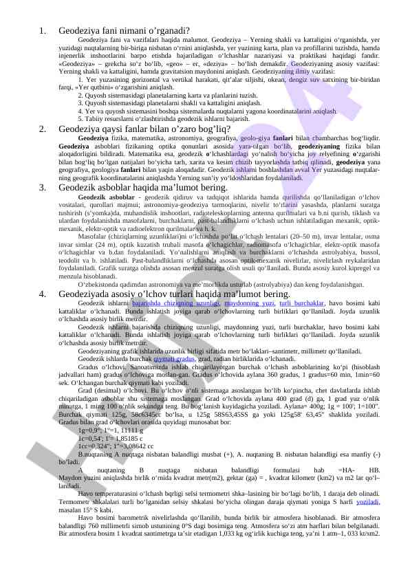Geodeziya fani va vazifalari haqida malumot