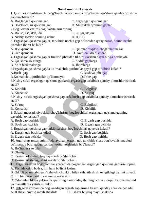 Ona tili 9-sinf ii chorak test savollari